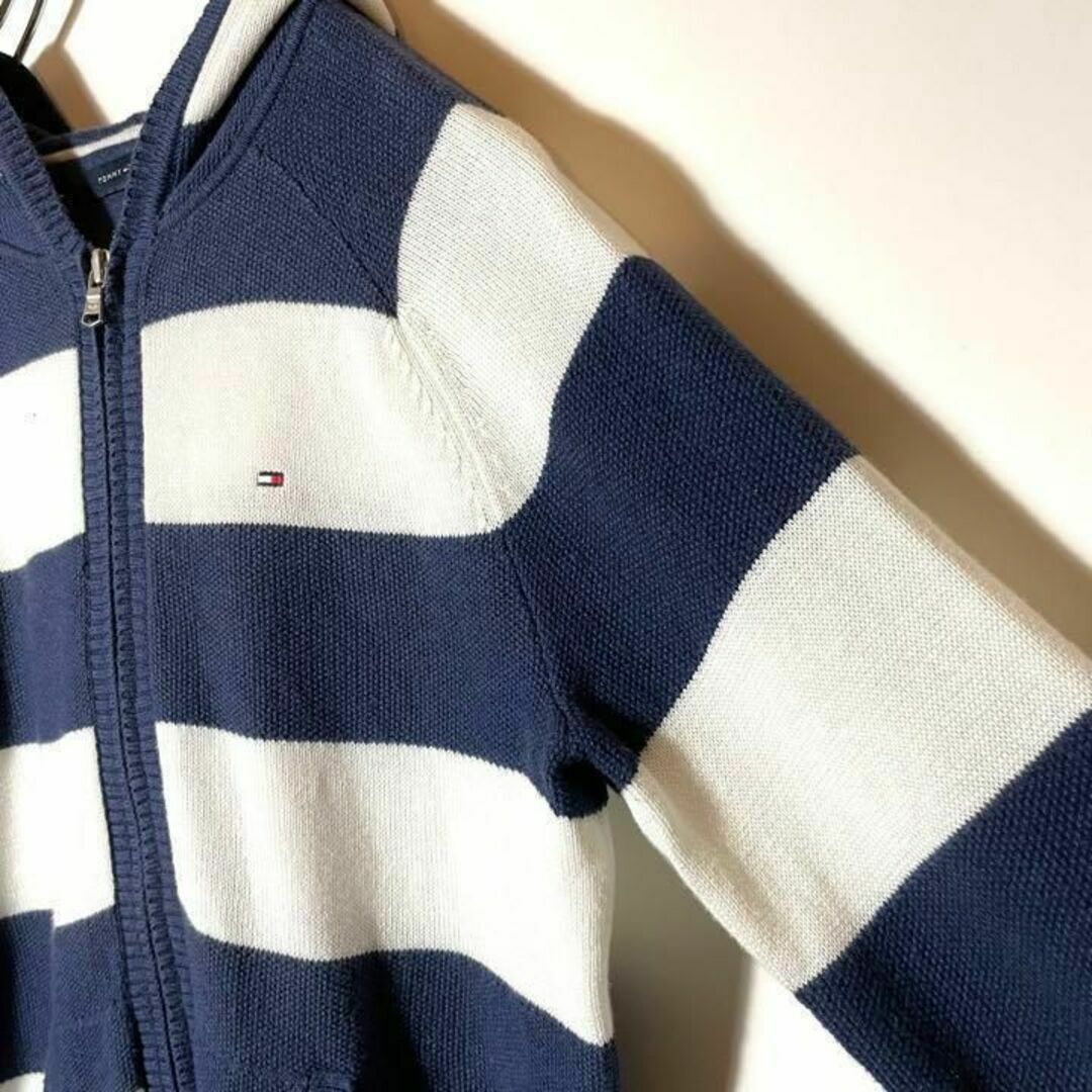 TOMMY HILFIGER(トミーヒルフィガー)の【アメリカ古着❗️】トミー　青白太ボーダー　ニットフルジップパーカー高品質超美品 レディースのトップス(ニット/セーター)の商品写真