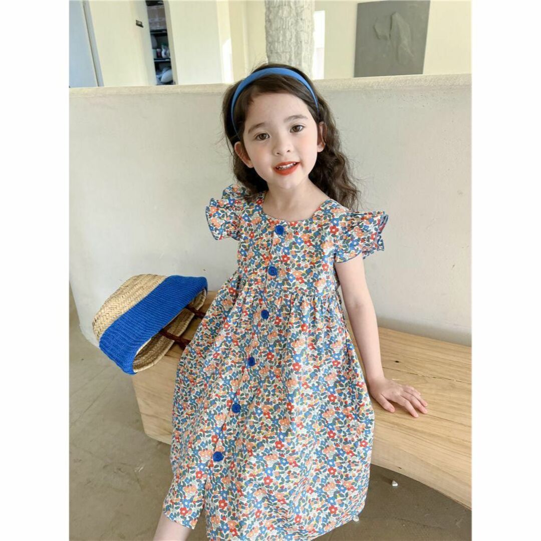 新品 セール ワンピース シャツ 花柄　Aライン　韓国 フリルリボン   130 キッズ/ベビー/マタニティのキッズ服女の子用(90cm~)(ワンピース)の商品写真