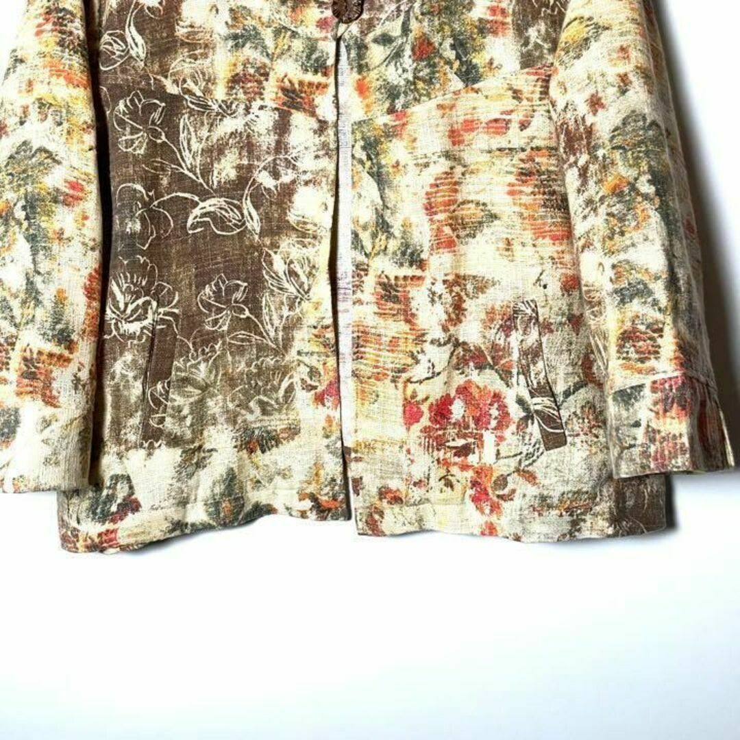 【アメリカ古着】羽織り90sカーディガンジャケット花柄イエローオレンジベージュ レディースのトップス(カーディガン)の商品写真