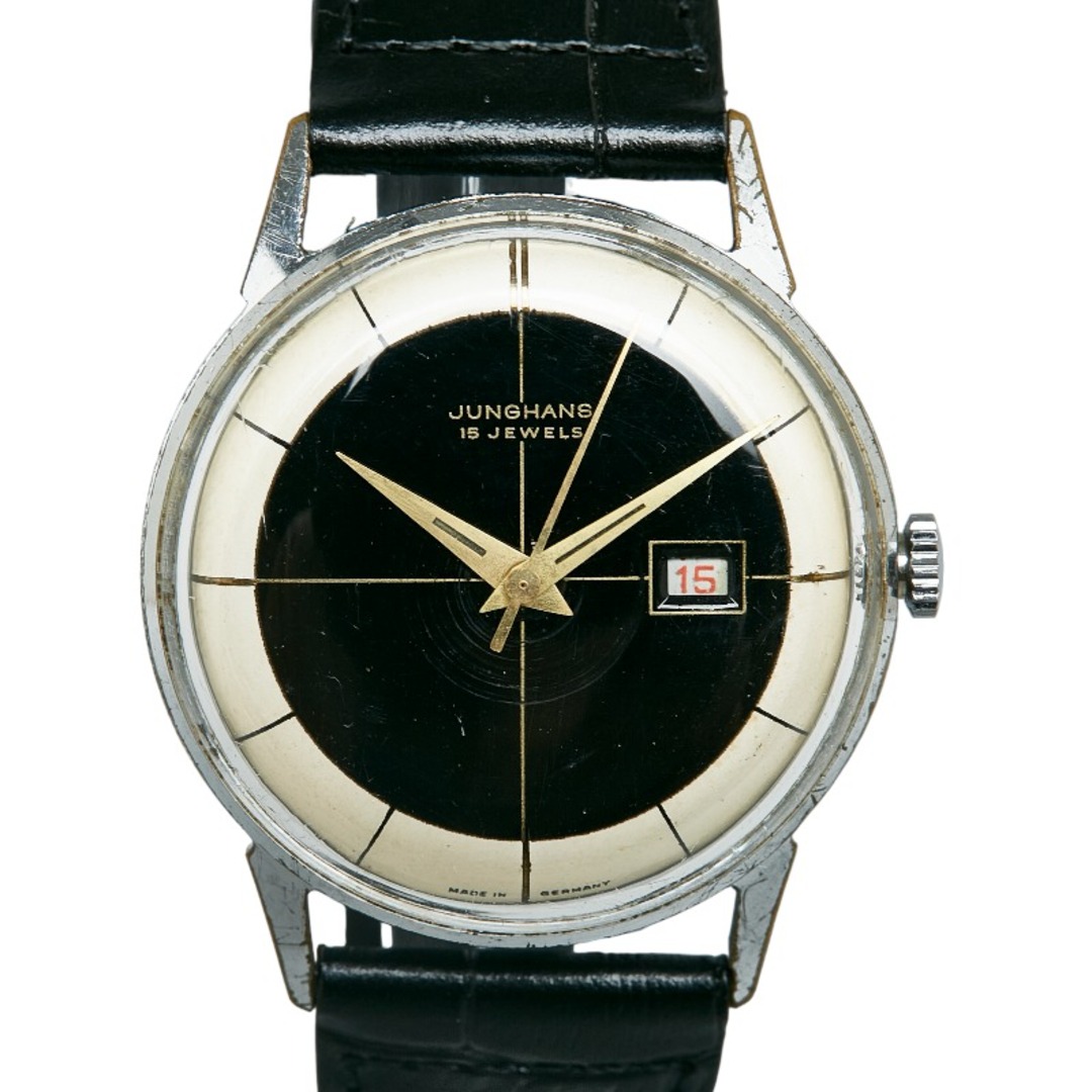 アナログ表示ケース形ユンハンス アンティーク 15JEWELS 社外ベルト 腕時計 手巻き ブラック ホワイト文字盤 ステンレス レディース JUNGHANS 【1-0127278】