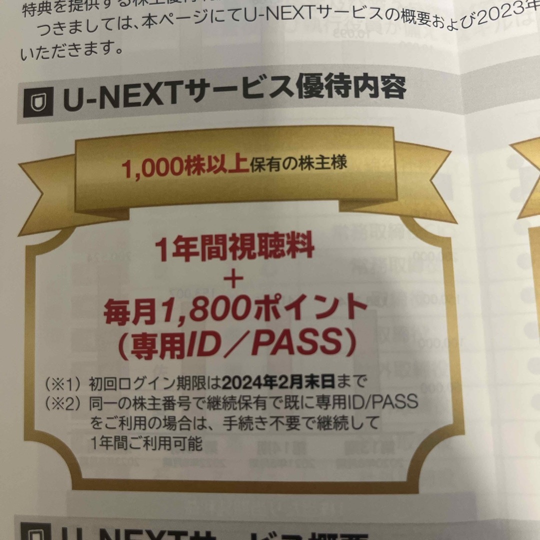 USEN 株主優待 U-NEXT1年間視聴料無料+毎月1800ポイント