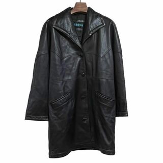 【美品】ラムレザー　コート　ジャケット　ロング　黒　ブラック　羊革　ボタン(ステンカラーコート)