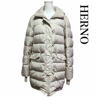 ヘルノ(HERNO)の【美品】ヘルノ　ダウン　ロングコート　フード　パーカー　ホワイト　ジャケット(ダウンジャケット)