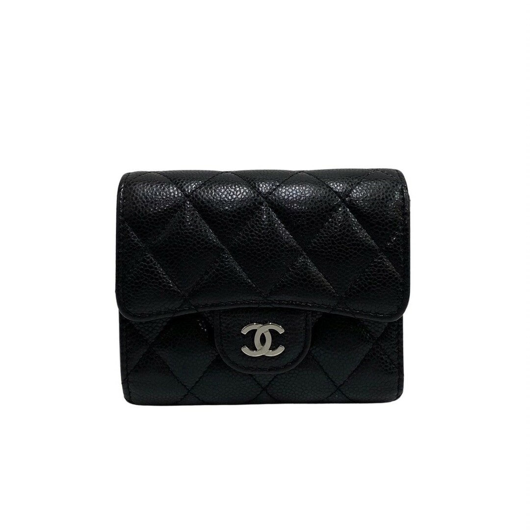 ほぼ未使用 箱 袋付 シール カード有 30番台 CHANEL シャネル キャビアスキン マトラッセ レザー 三つ折り 財布 ミニ ウォレット 黒 27211素材レザー