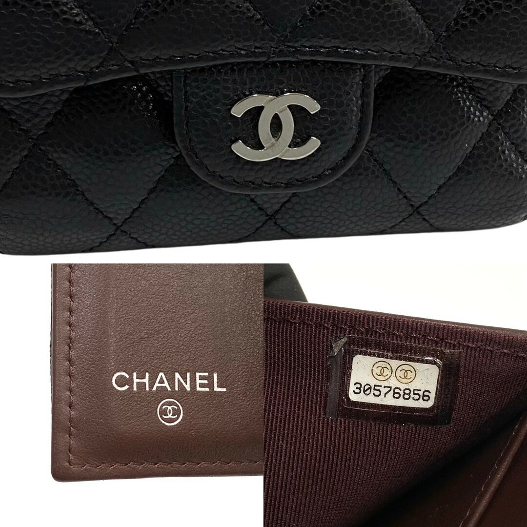 ほぼ未使用 箱 袋付 シール カード有 30番台 CHANEL シャネル キャビアスキン マトラッセ レザー 三つ折り 財布 ミニ ウォレット 黒 27211素材レザー