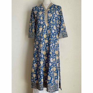ブロックプリント　クルタ　インド民族衣装　M  ブルー×イエロー(ロングワンピース/マキシワンピース)