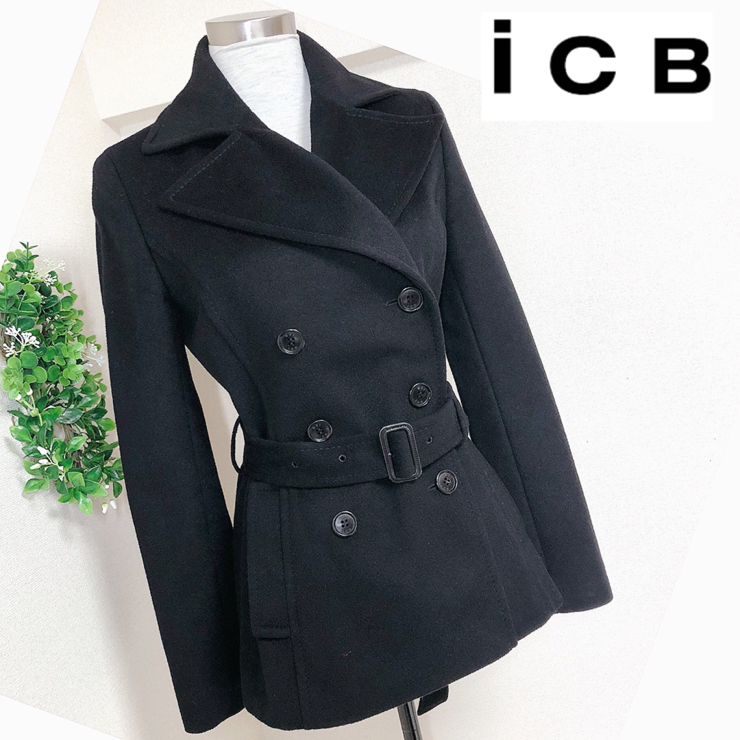 ICB(アイシービー)のiCBアイシービーのカシミヤ混ベルト付コート黒ブラック レディースのジャケット/アウター(ピーコート)の商品写真