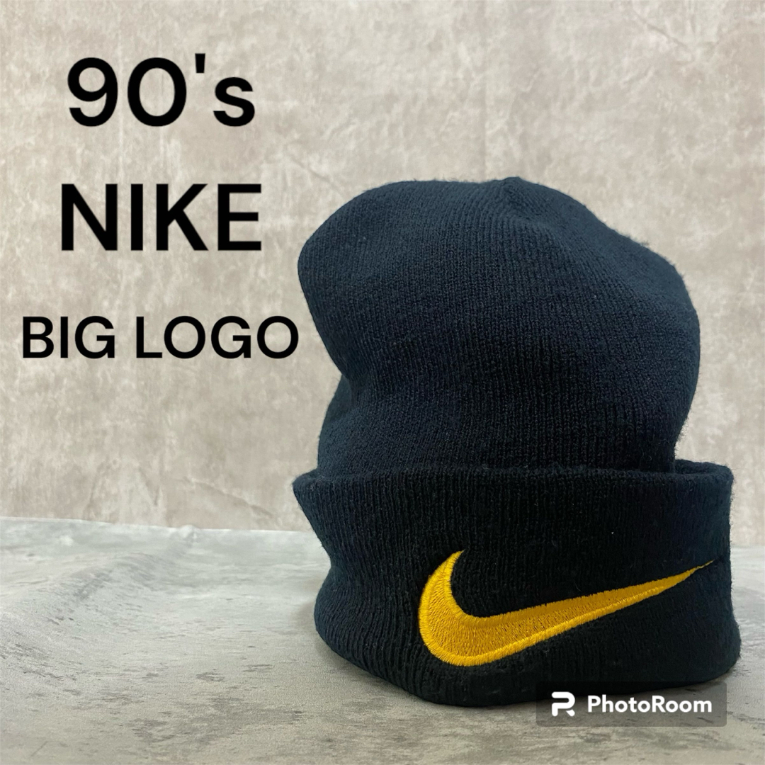 帽子90’s 台湾製NIKE スウォッシュ デカロゴ刺繍ビーニー ニット帽 y2k