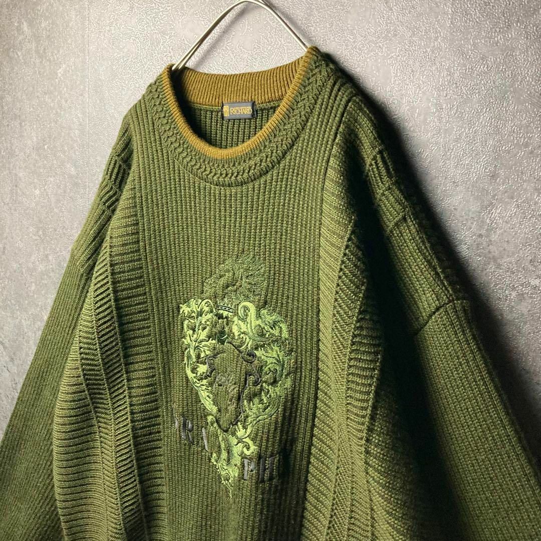 ニット　セーター　緑　ビッグ刺繍　　薄手　レトロ　ビンテージ