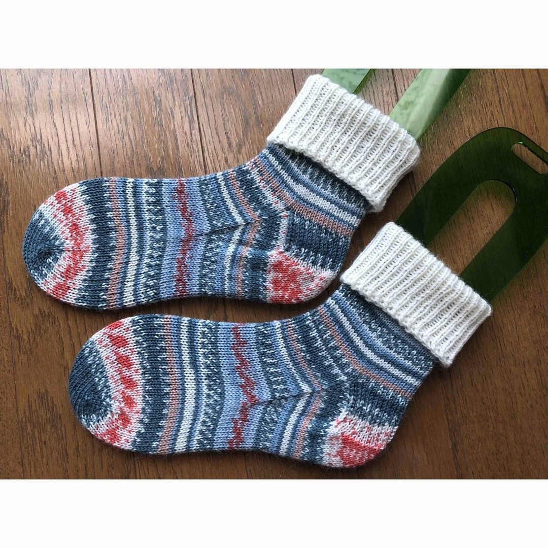 手編み靴下, ハンドメイドの靴下, 履き口折り返し靴下 ハンドメイドのファッション小物(レッグウェア)の商品写真
