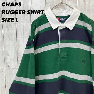 チャップス(CHAPS)のアメリカ古着 CHAPS 長袖ボーダー柄ラガーシャツ　サイズL 緑×紺×グレー(Tシャツ/カットソー(七分/長袖))