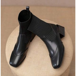 シーイン(SHEIN)の新品未着用 SHEIN チャンキーヒールストレッチニットソックスブーツ25.0黒(ブーツ)