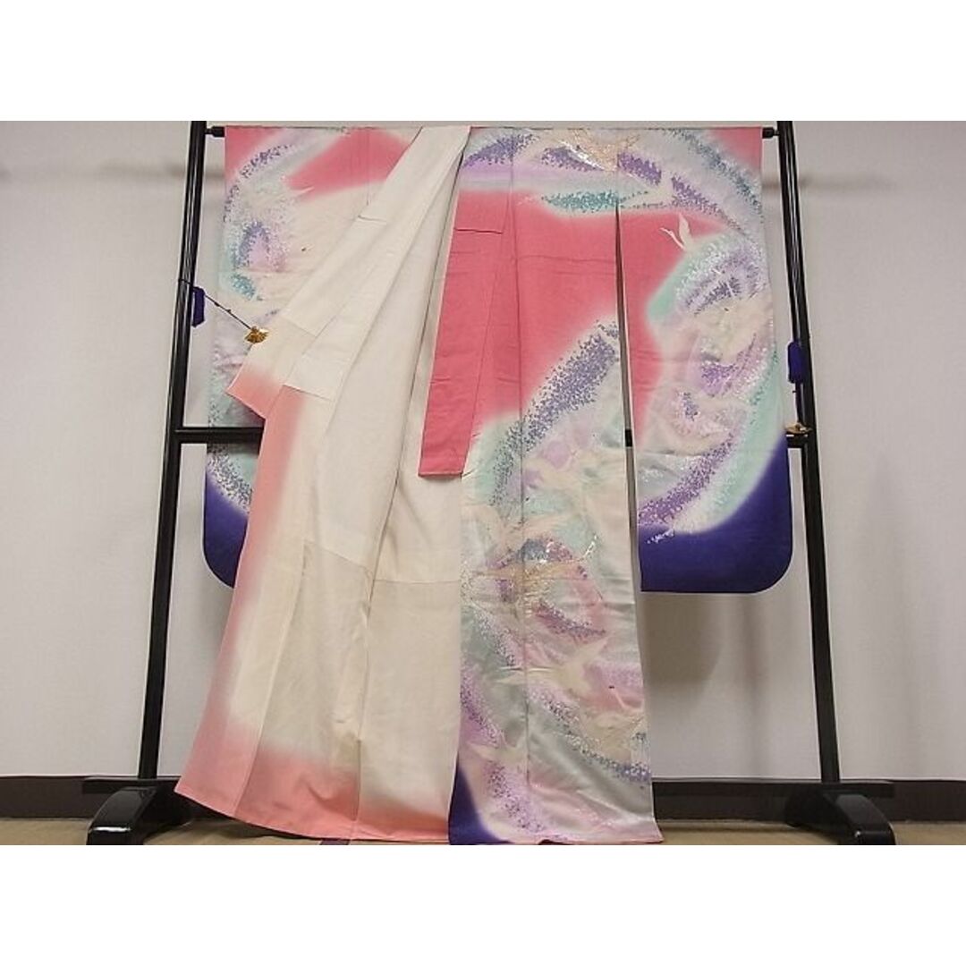 平和屋-こころ店□豪華振袖 駒刺繡 飛鶴文 暈し染め 金銀彩