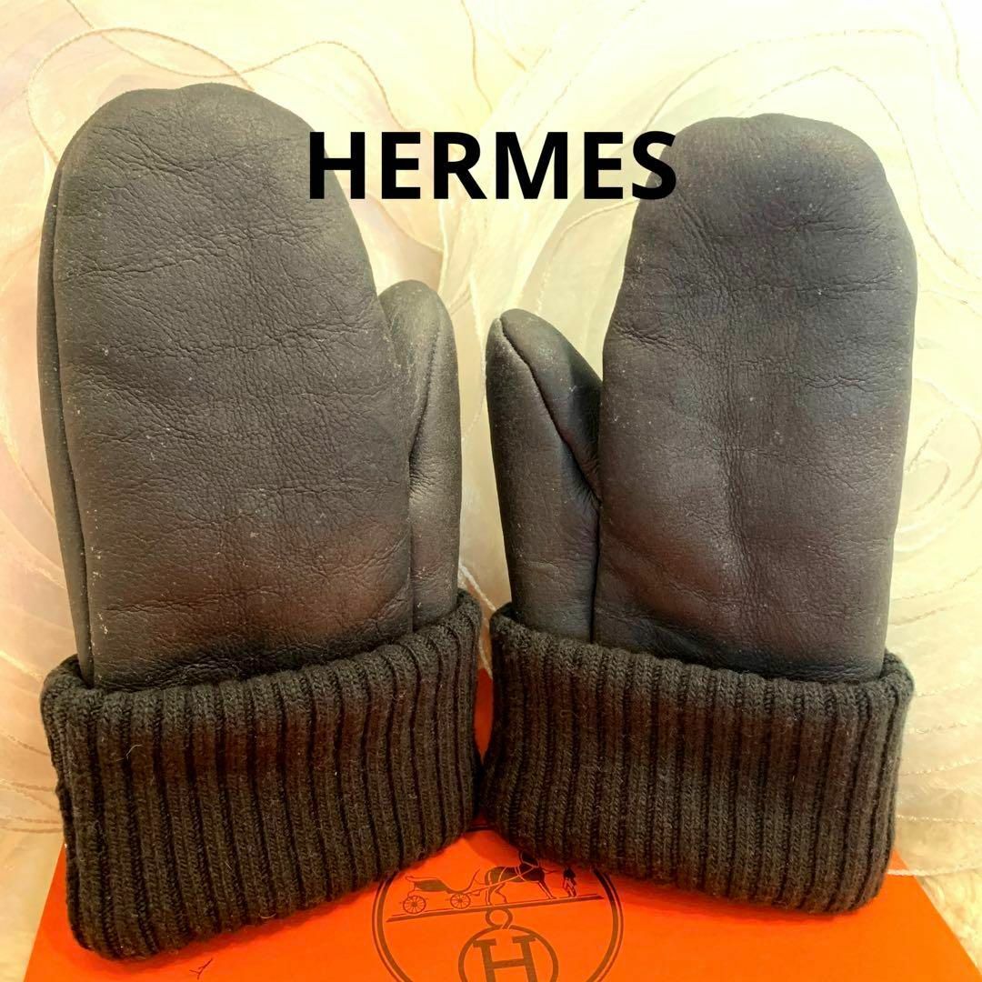 Hermes - HERMES ラムスキン レザーグローブ ミトン 手袋 ブラック