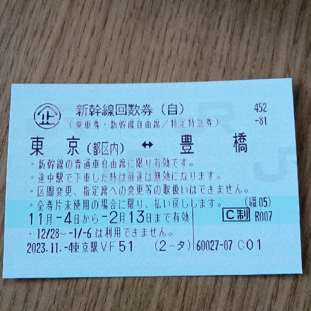 豊橋　東京　新幹線切符1枚のサムネイル