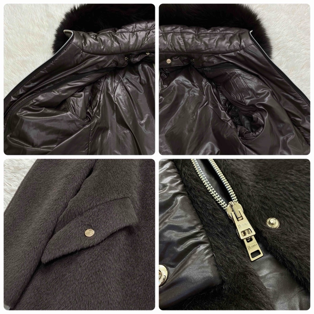 HERNO(ヘルノ)の美品 ヘルノ ロングコートダウンコート アルパカ混 フォックスファー 茶色 42 レディースのジャケット/アウター(ロングコート)の商品写真