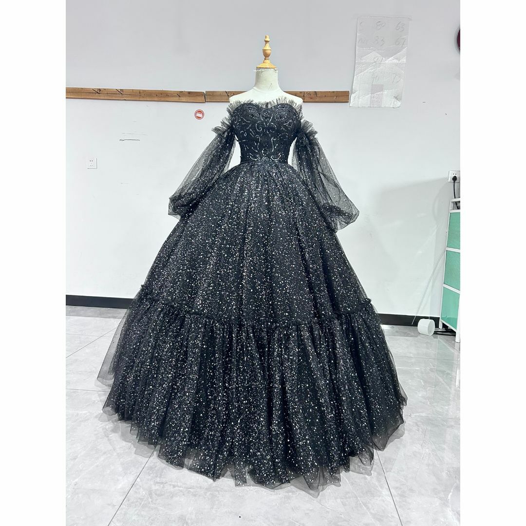 可愛い 黑 カラードレス ランタンスリーブ キラキラ ソフトチュール 花嫁 演奏ウェディングドレス