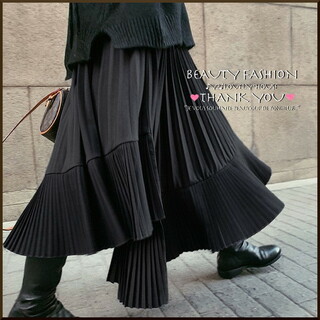 【～2L相当】変形ロングプリーツスカート*黒(ロングスカート)
