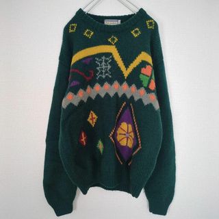 アートヴィンテージ(ART VINTAGE)の★総柄ニット セーター カラフル ウール グリーン 古着 ヴィンテージ★(ニット/セーター)