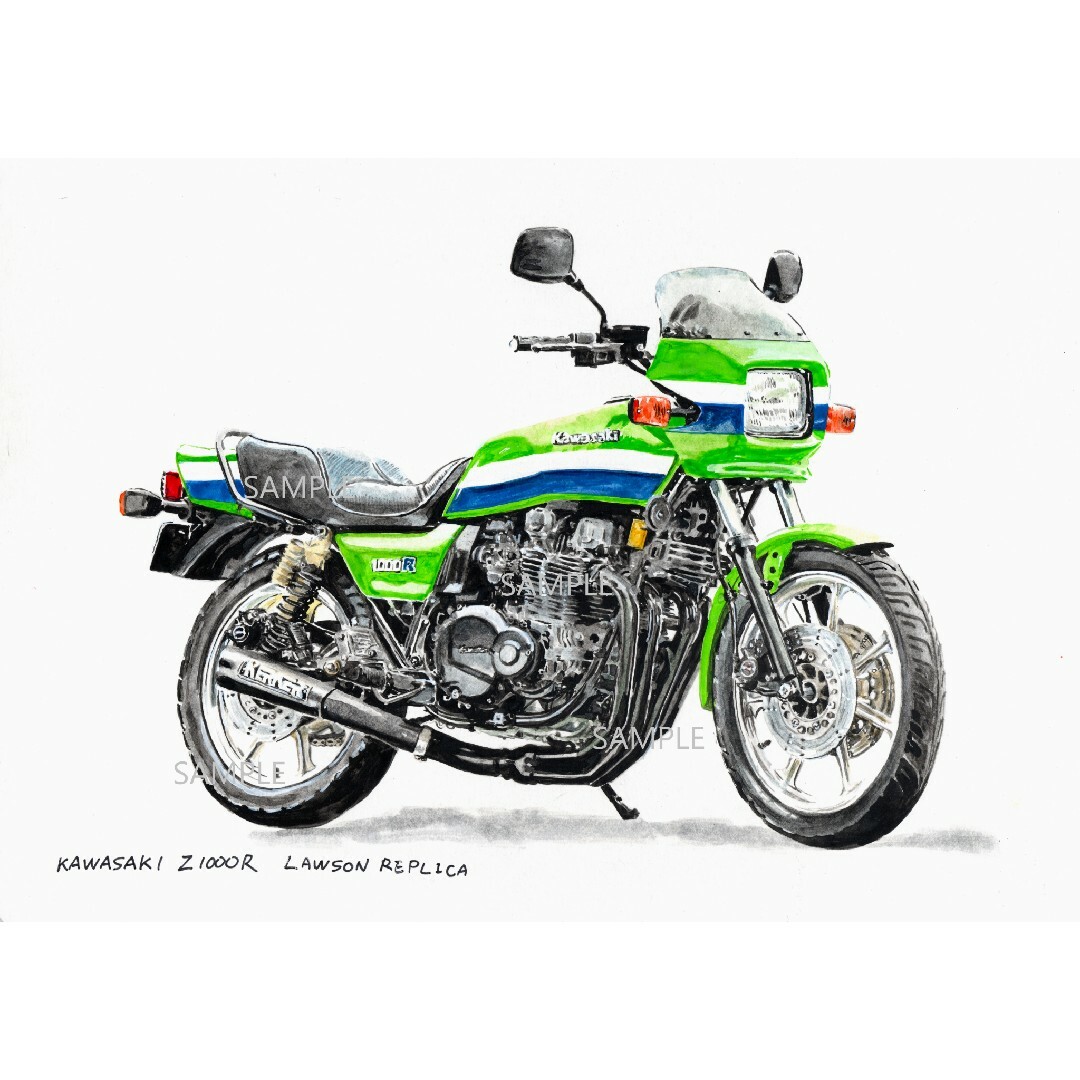 カワサキ(カワサキ)のカワサキ Z1000R ローソンレプリカ② 水彩画 バイク イラスト 自動車/バイクのバイク(その他)の商品写真