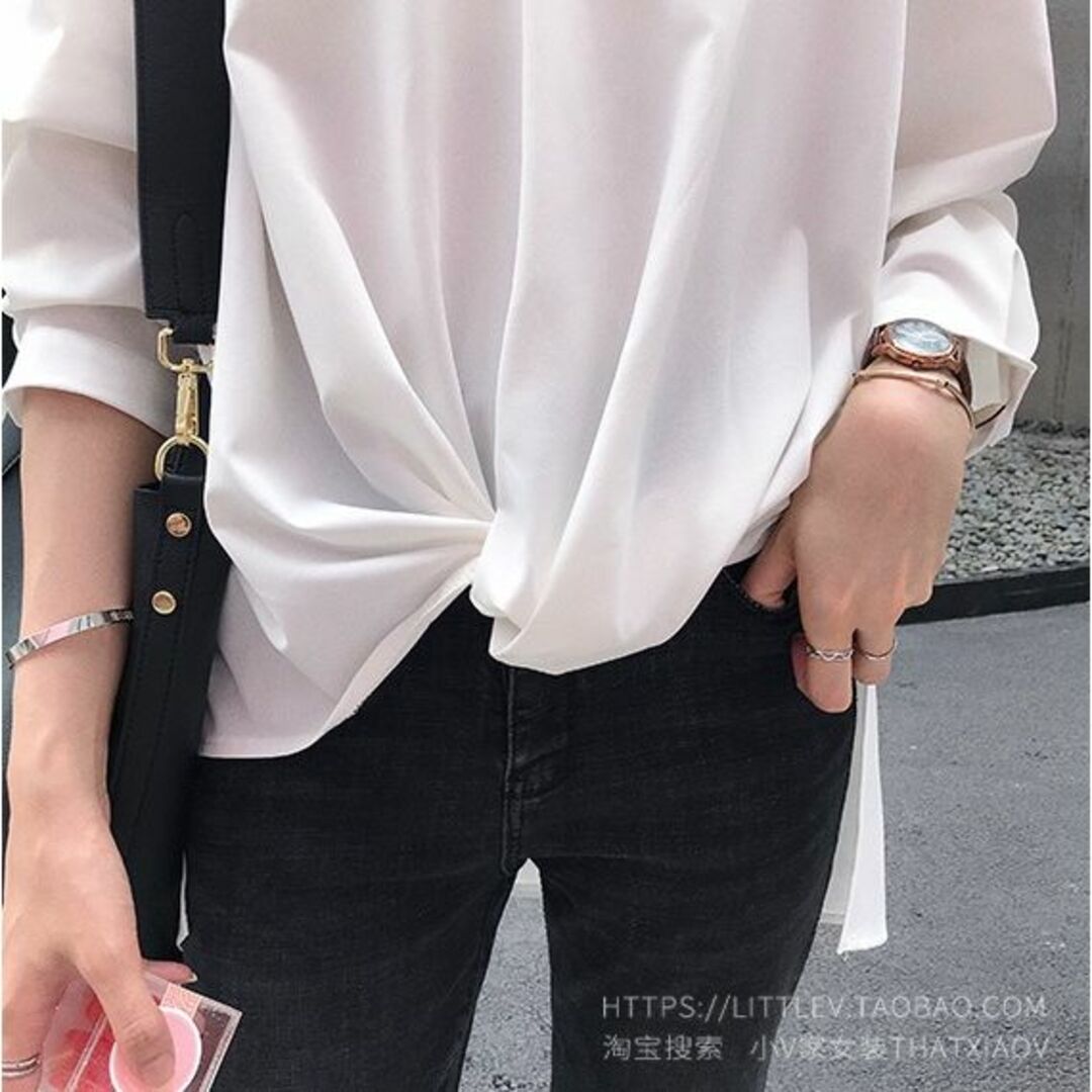 レディース 白シャツ ゆったりふんわり ブラウス 体型カバー キーネックM レディースのトップス(シャツ/ブラウス(長袖/七分))の商品写真