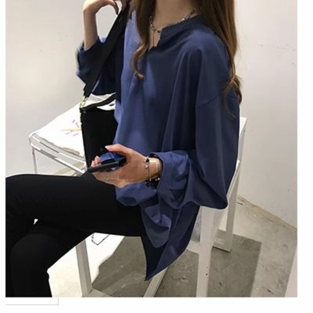 レディース シャツ ゆったりふんわり ブラウス 体型カバー キーネックXL 濃紺 レディースのトップス(シャツ/ブラウス(長袖/七分))の商品写真