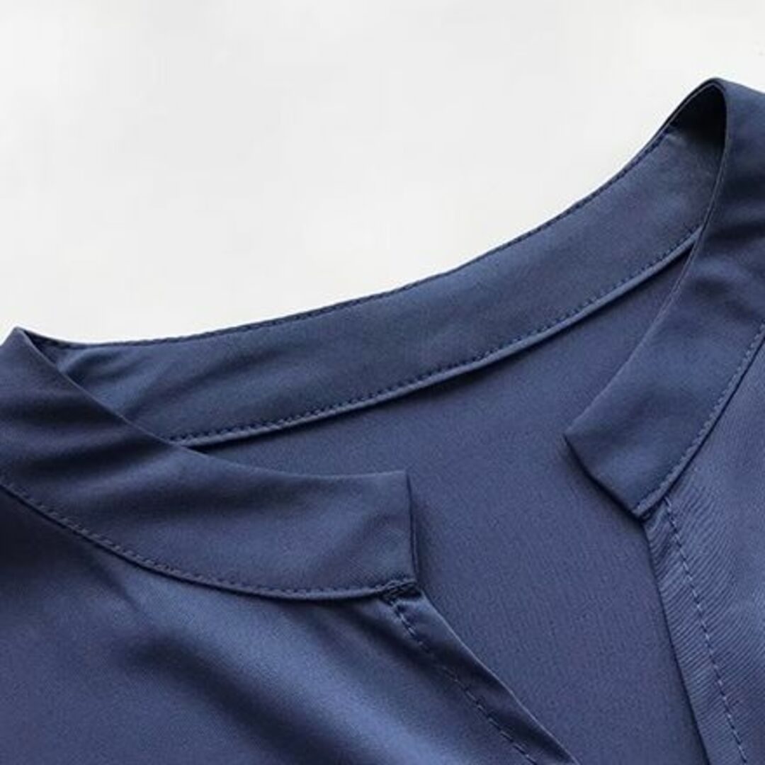 レディース シャツ ゆったりふんわり ブラウス 体型カバー キーネックXL 濃紺 レディースのトップス(シャツ/ブラウス(長袖/七分))の商品写真