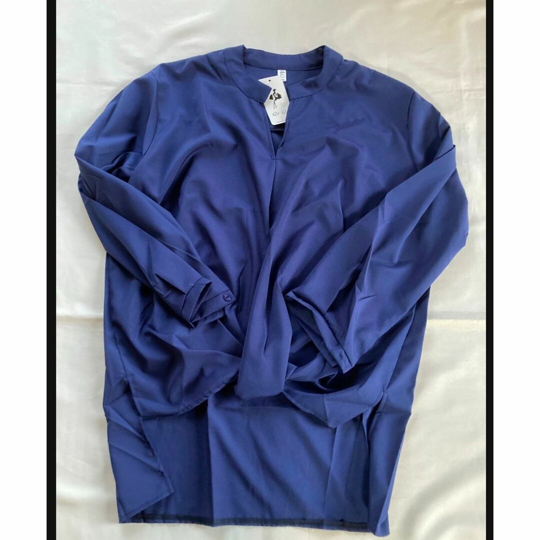 レディース シャツ ゆったりふんわり ブラウス 体型カバー キーネックL 濃紺 レディースのトップス(シャツ/ブラウス(長袖/七分))の商品写真