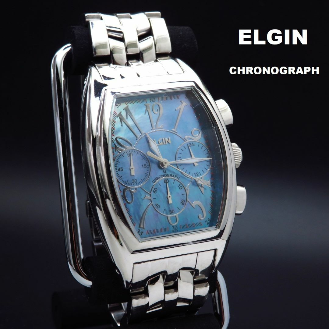 ELGIN(エルジン)のELGIN クロノグラフ 腕時計 ブルー シェル文字盤  メンズの時計(腕時計(アナログ))の商品写真