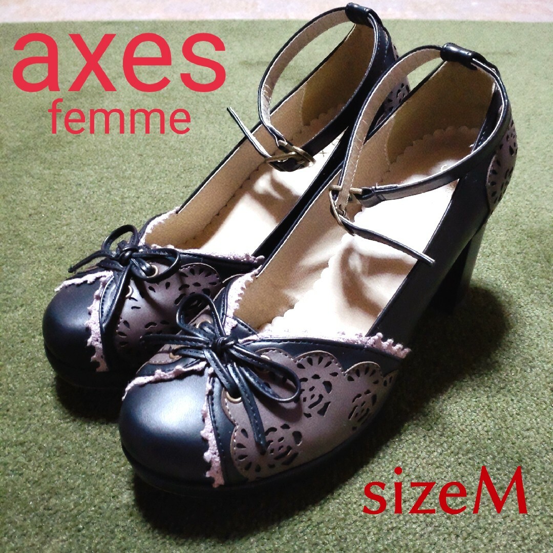 axes femme(アクシーズファム)の未使用　アクシーズファム　太ヒール　カットワークレースパンプス　Mサイズ レディースの靴/シューズ(ハイヒール/パンプス)の商品写真