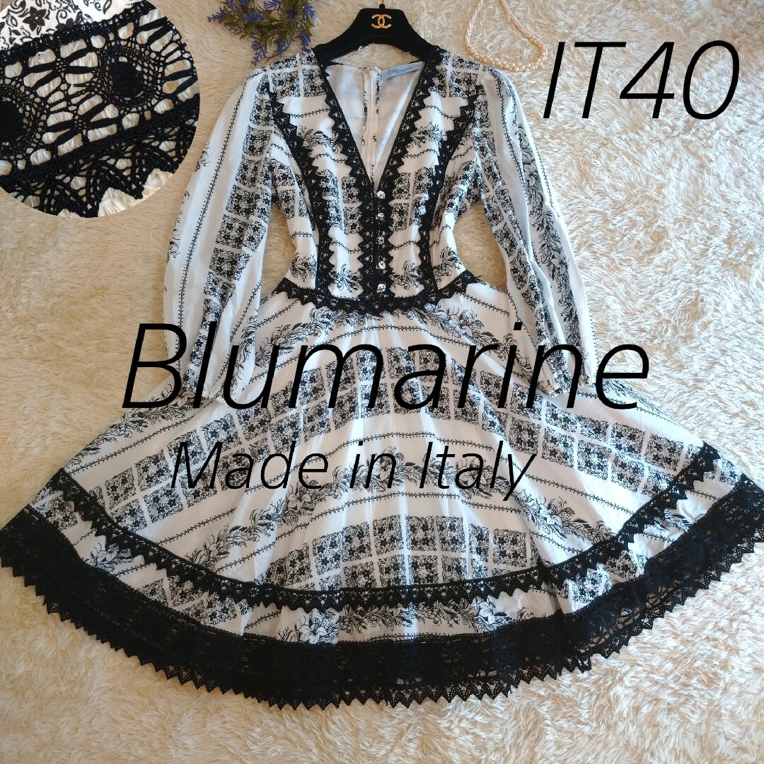 イタリヤ製★Blumarine　ひざ丈ワンピース　レース　花柄　Vネック　M