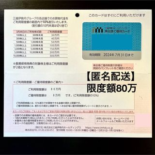 ミツコシ(三越)の【匿名配送】三越伊勢丹 株主優待 カード 限度額 80万円(ショッピング)