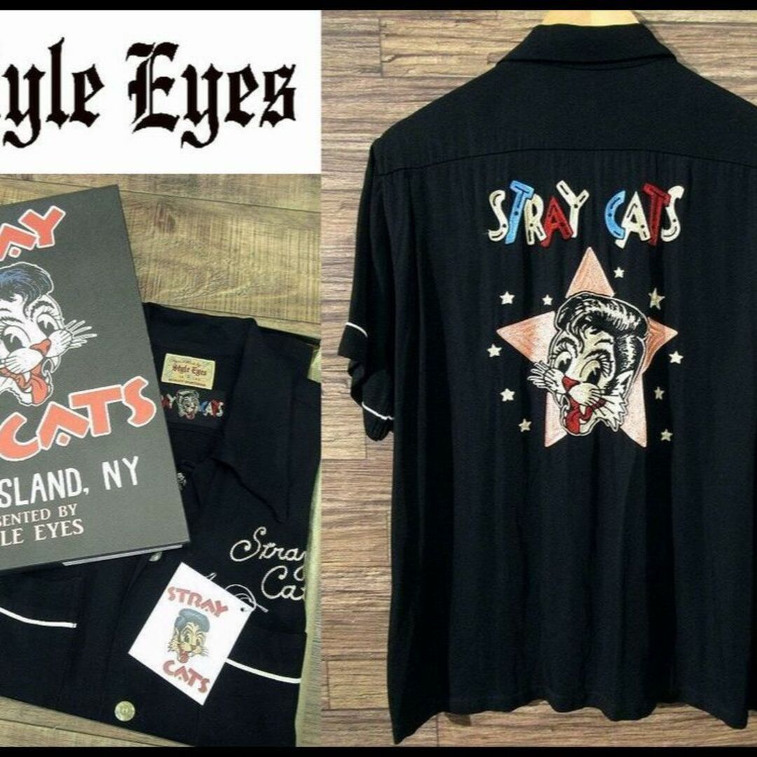 STYLE EYES(スタイルアイズ)の美品 スタイルアイズ ストレイキャッツ リーゼントキャット 刺繍 シャツ 黒 S メンズのトップス(シャツ)の商品写真