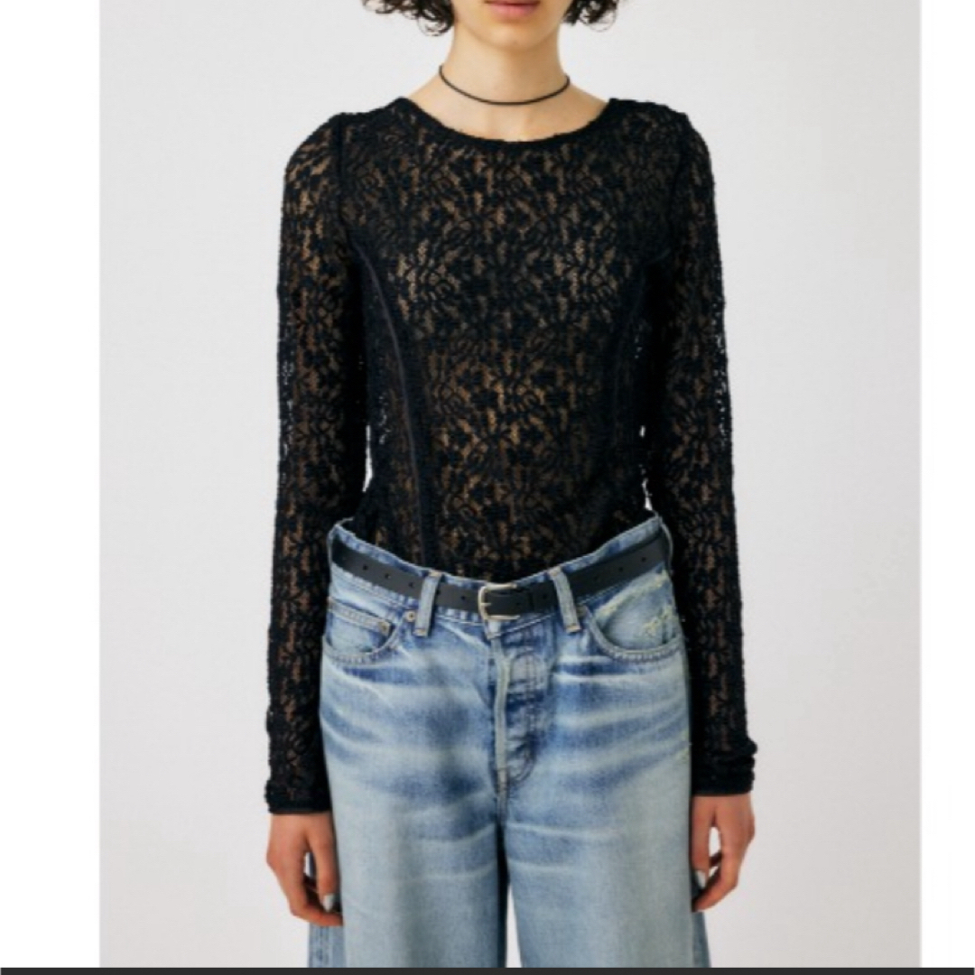 Ungrid(アングリッド)のMOUSSY BACK OPEN LACE CUT トップス レース ブラック レディースのトップス(カットソー(長袖/七分))の商品写真