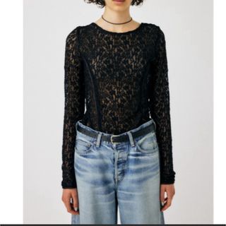 アングリッド(Ungrid)のMOUSSY BACK OPEN LACE CUT トップス レース ブラック(カットソー(長袖/七分))