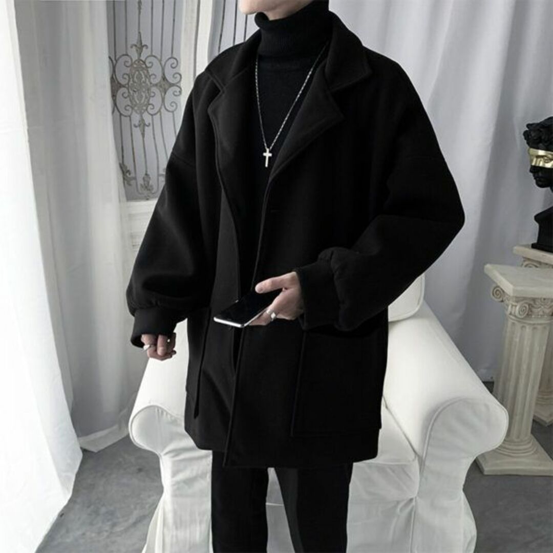 【新品】チェスターコート メンズ 韓国ファッション ブラック 002220L メンズのジャケット/アウター(チェスターコート)の商品写真