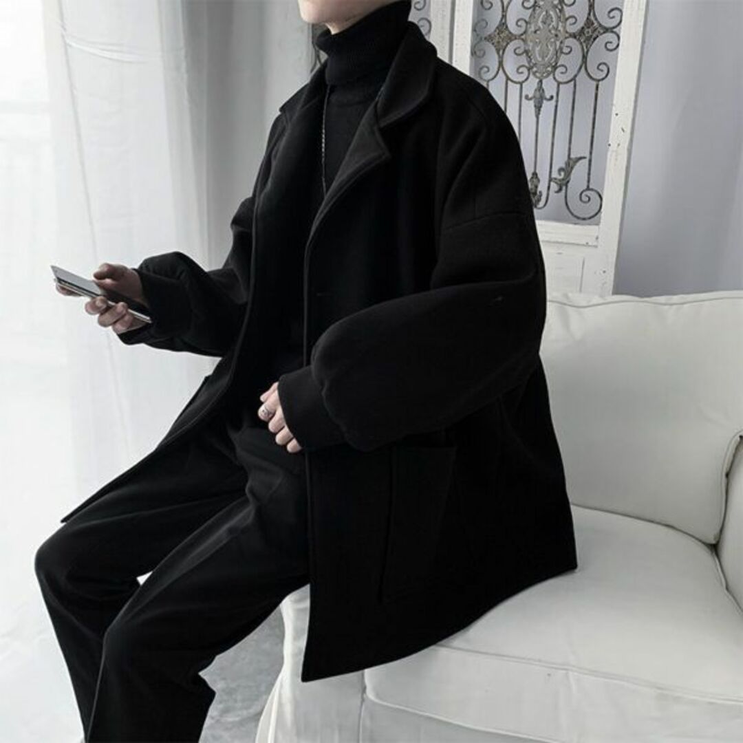 【新品】チェスターコート メンズ 韓国ファッション ブラック 002220L メンズのジャケット/アウター(チェスターコート)の商品写真