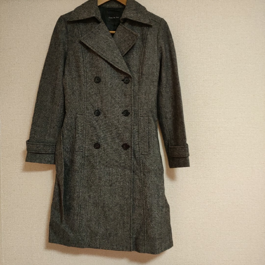 ロングコート　M　レディース　グレー　ベルト付き　毛70% 上品　きれいめ レディースのジャケット/アウター(ロングコート)の商品写真