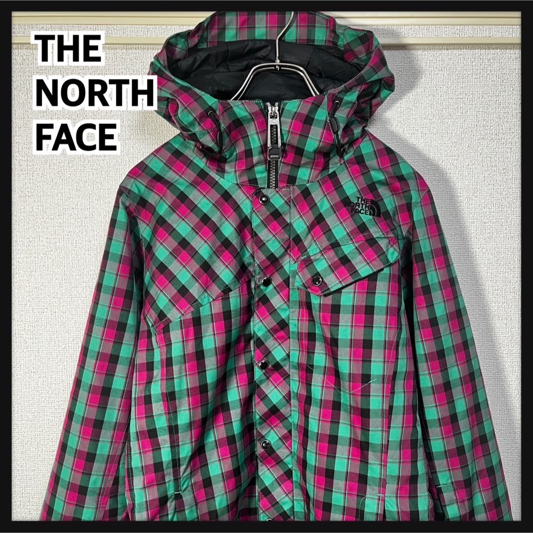 【ノースフェイス】中綿ジャケット　ハイベント　チェック緑　刺繍　ワンポイントKNレディース