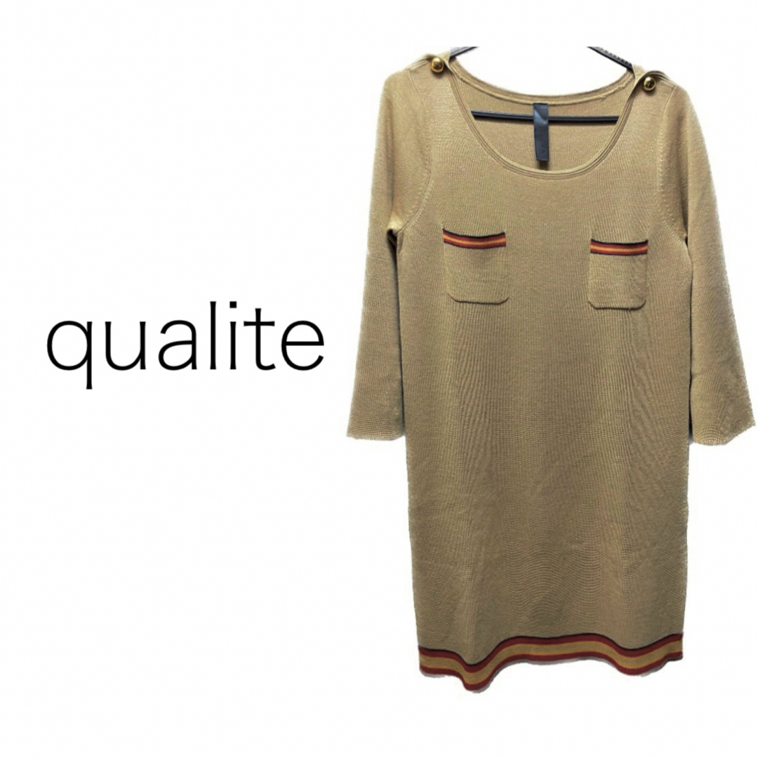 qualite(カリテ)のqualite【美品】ポケット付き 七分袖 ニット ワンピース チュニック レディースのワンピース(ミニワンピース)の商品写真