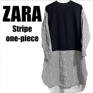 ザラ(ZARA)のzara ザラ　ストライプ　ドッキング　ワンピース　チュニック　シャツワンピ(ひざ丈ワンピース)