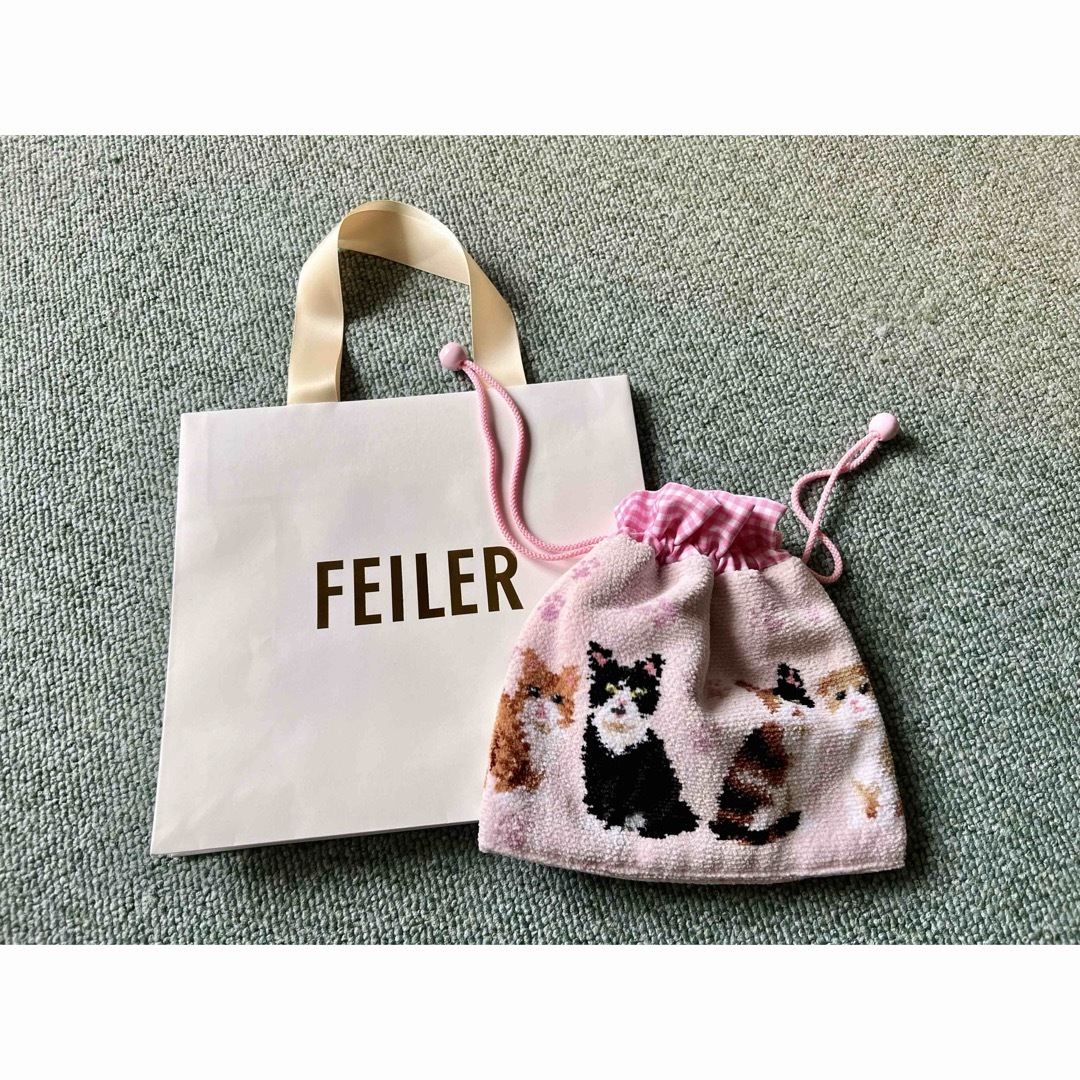 FEILER(フェイラー)のポーチ　猫　キャット　巾着　新品　ピンク　ねこ レディースのファッション小物(ポーチ)の商品写真