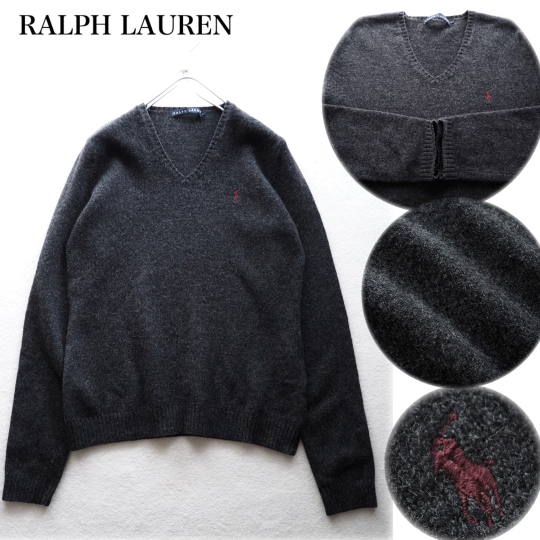 Ralph Lauren(ラルフローレン)のRALPH LAUREN ポニー刺繍 Vネック メランジ ウールニット グレー系 レディースのトップス(ニット/セーター)の商品写真