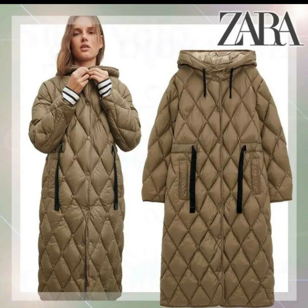 ZARA　キルティングダウンコート　ロングコート　ベージュ　ザラ　フード48身幅
