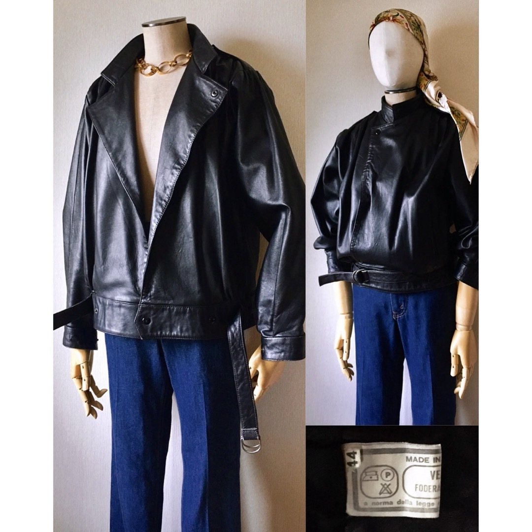 70s ITALY Made Leather Belted Jacket レザーのサムネイル