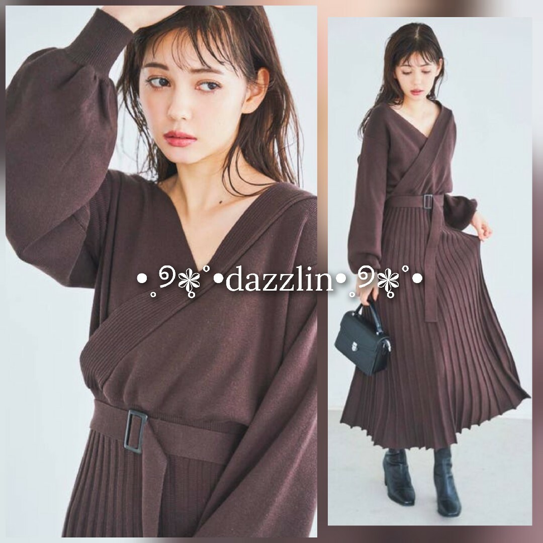 MERCURYDUO(マーキュリーデュオ)のdazzlin プリーツカシュクールニットワンピース レディースのワンピース(ロングワンピース/マキシワンピース)の商品写真