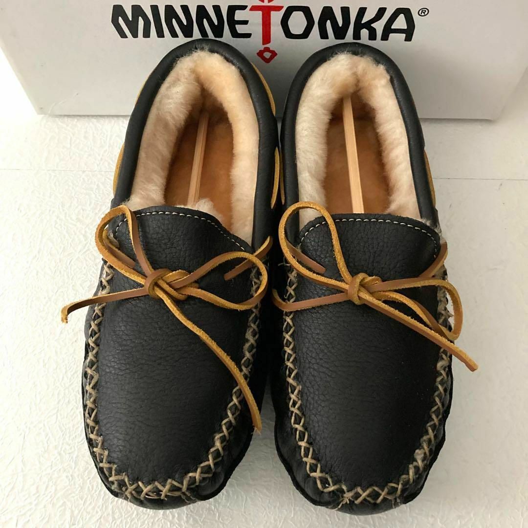 新品未使用】希少✨ レザーミネトンカ モカシン 25cm相当 ブラック 新品未使用】希少✨ レザーミネトンカ モカシン 25cm相当 ブラック