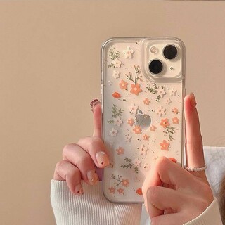 iPhoneケース クリアケース フラワー 花柄 オレンジ  メッキ グリッター(iPhoneケース)