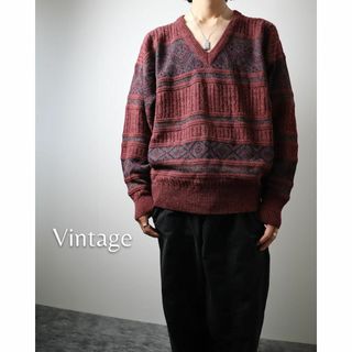 アートヴィンテージ(ART VINTAGE)の【vintage】オルテガ調 総柄デザイン ウール混 ニット セーター ボルドー(ニット/セーター)