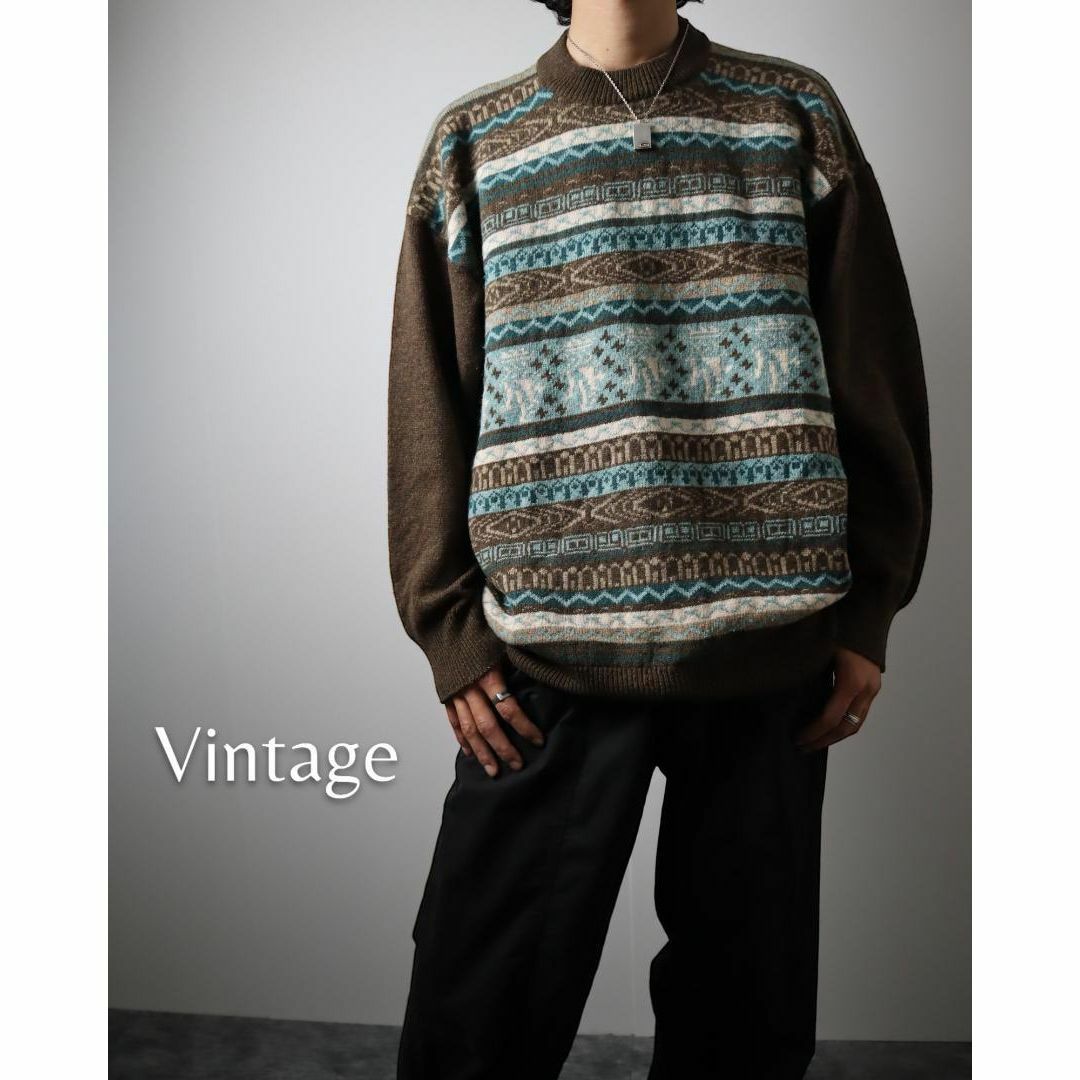 【vintage】ボヘミアン柄 デザイン ニット セーター チョコミントカラー古着屋arie✿K204